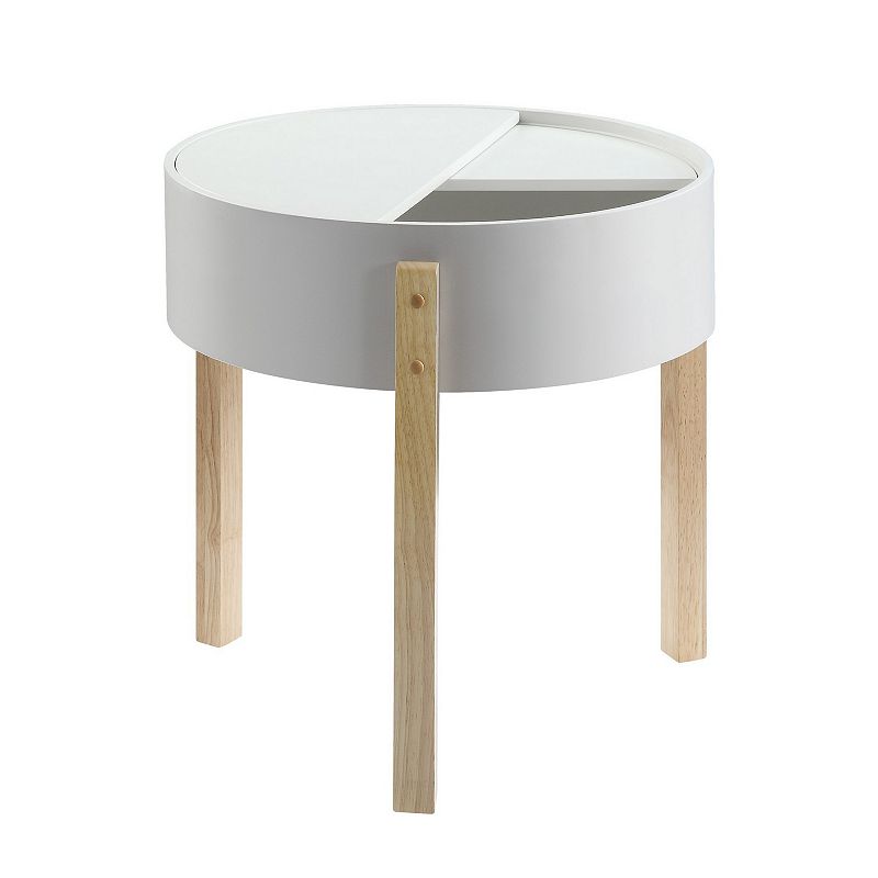 Round Wooden End Table with Hidden Storage， White and Brown