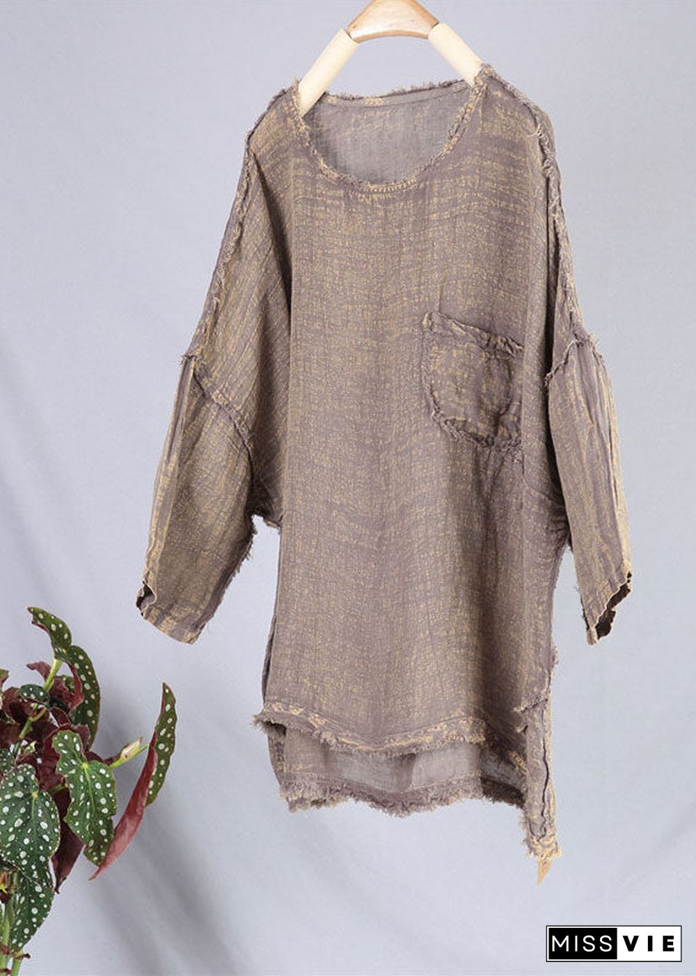 Khaki Pockets Patchwork Linen Shirts O Neck Summer