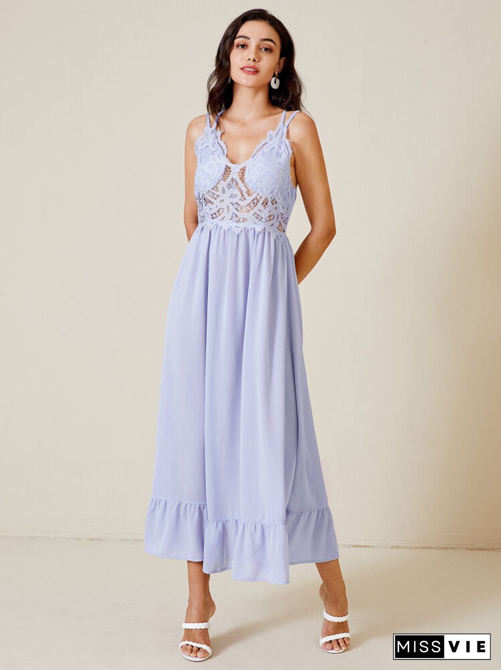 Lace Stitch Hollow Solid Criss-cross Open Back Spaghetti Maxi Dress