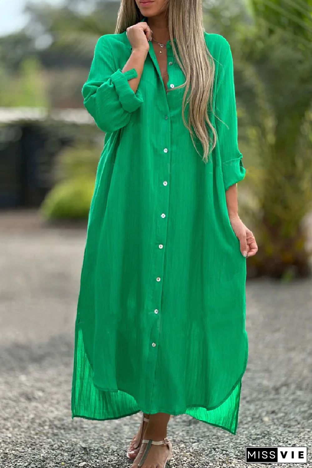 Casual Solid Buttons Turndown Collar Shirt Dresses