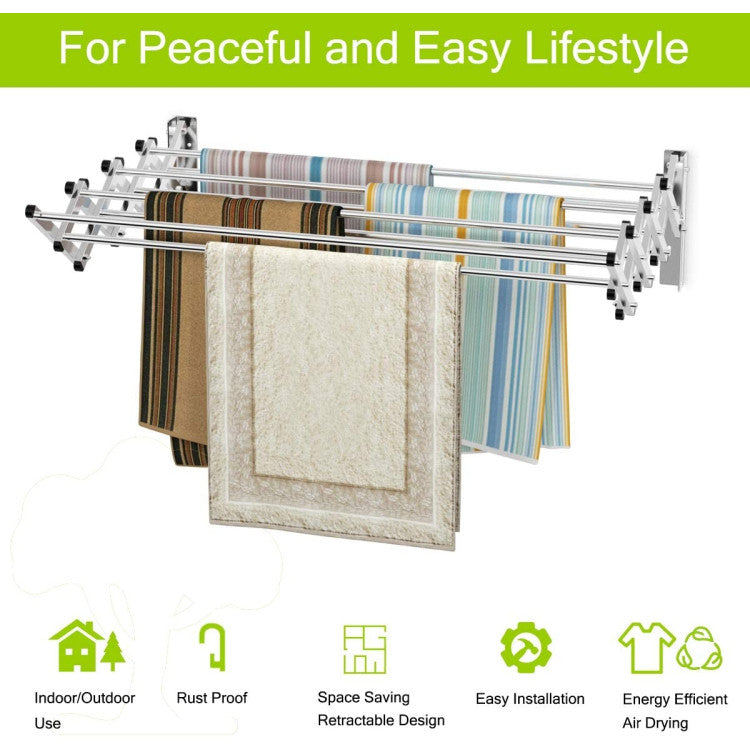 Forclover Wall Mounted Drying Rack Stainless Steel Clothes Retractable Folding Wall Hanger Hanging Towel Rack for Laundry Bathroom