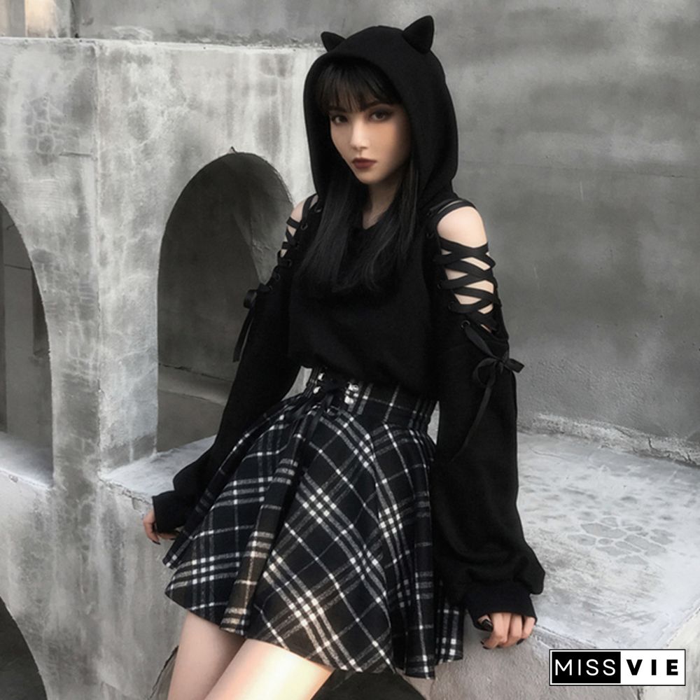 Cat Ears Lace Up Short Hoodie Black