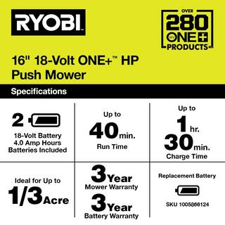 RYOBI ONE+ HP 18V Brushless 16 in. Cordless Battery Walk Behind Push Lawn Mower with (2) 4.0 Ah Batteries and (1) Charger P1190