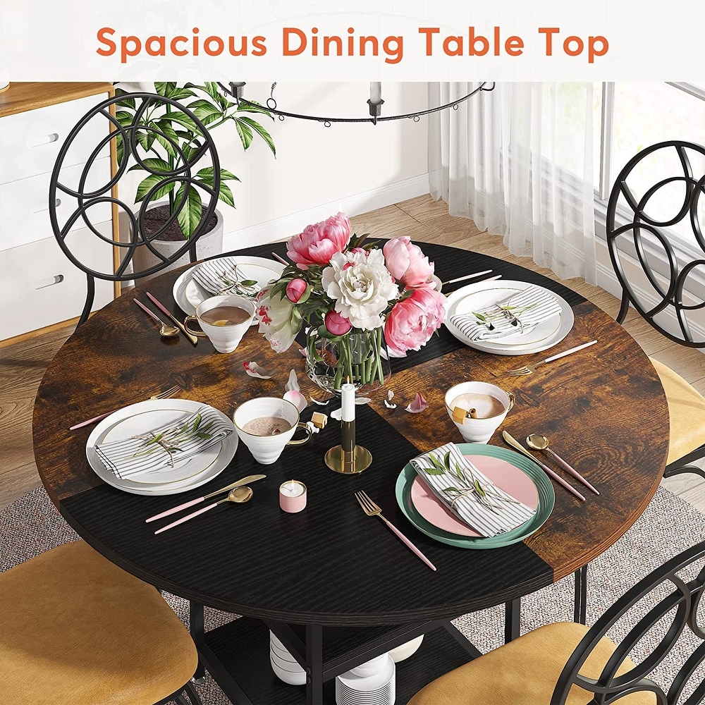 Round Dining Table with Storage Shelves for 4 Metal Legs Wood Table Top for Home Dining Room Living Room  Rustic Brown Black