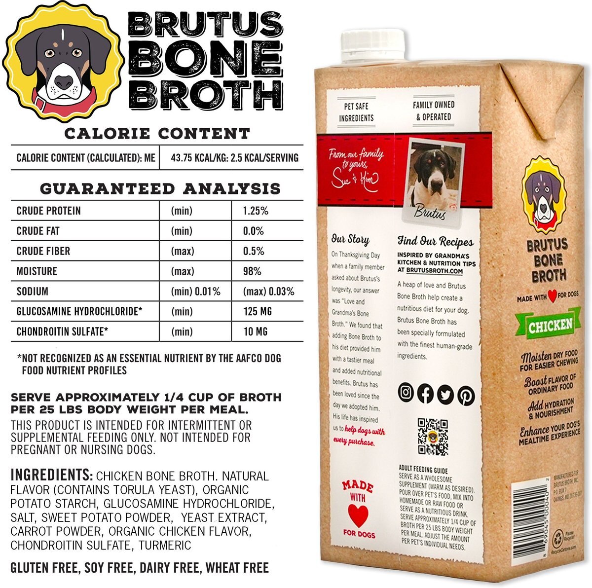 Brutus Broth Bone Broth Chicken Flavor Hip and Joint Human-Grade Dog Food Topper， 32-oz box