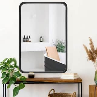 24 in. W x 32 in. H Matte Black Metal Framed Rounded Corner Rectangular Wall Mirror Z-XINGBIAN