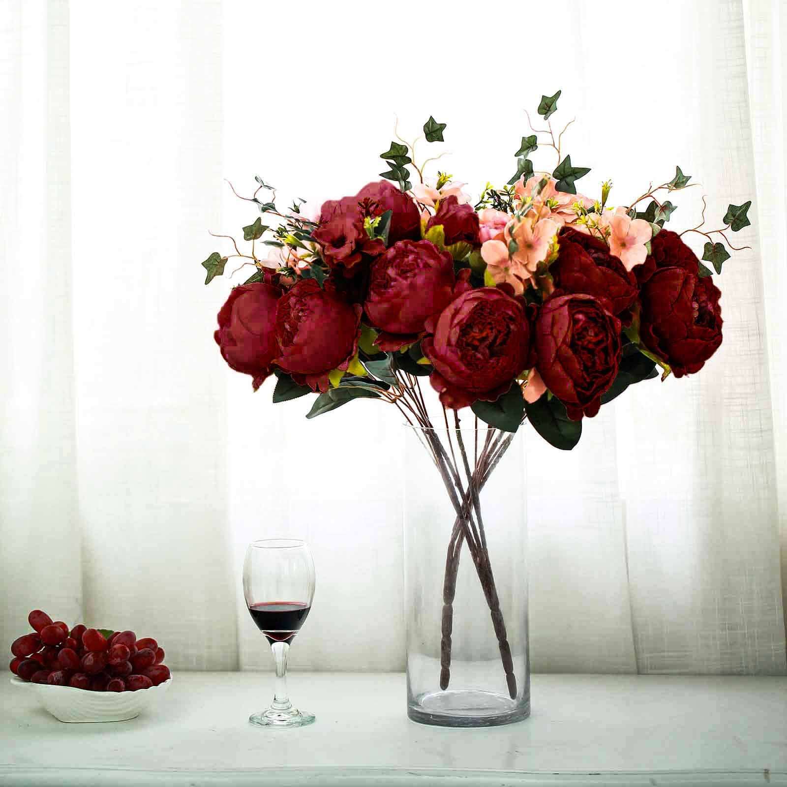 2 Bush Burgundy Artificial Silk Peony, Rose and Hydrangea Flower Bouquet