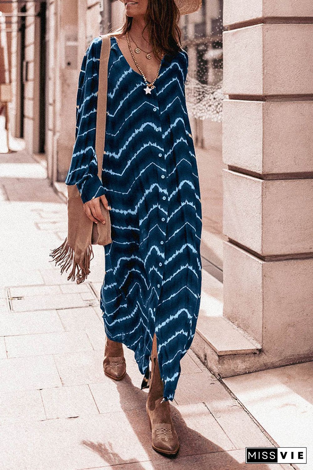 Boho Print V Neck Button Up Dress