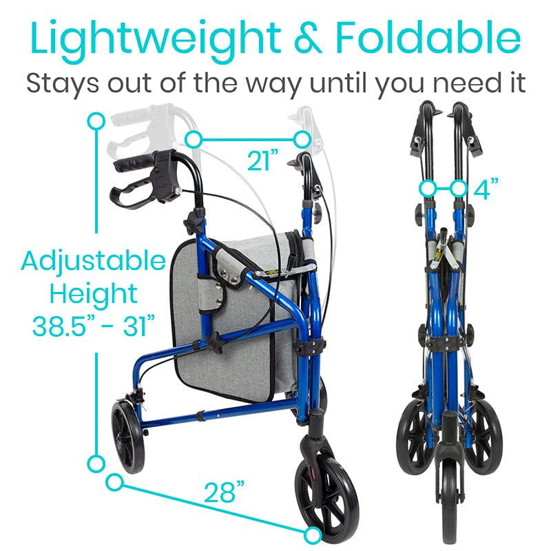 Vive Health 3 Wheel Walker Rollator - Lightweight Folding For Max Maneuverability