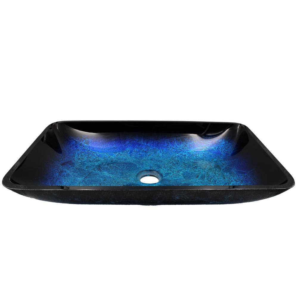 Novatto Fresca Glass Vessel Sink in Blue and Black with Pop-Up Drain in Matte Black NOHP-G19034MB