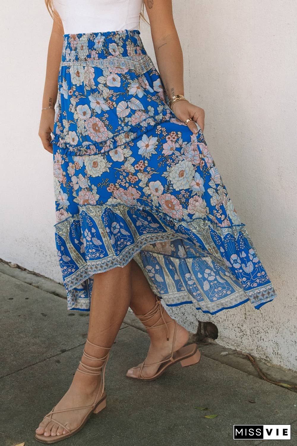 Blue Smocked Waist Boho Floral Maxi Skirt