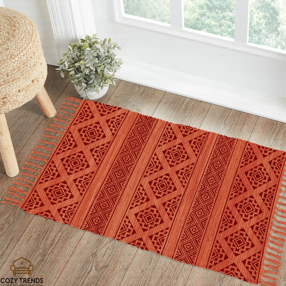 Cotton Woven Boho Rug 2'x3' Small Rug with Tassel  Versatile Washable Throw Rug for Bedroom Bathroom Hallway  Laundry  Entryway