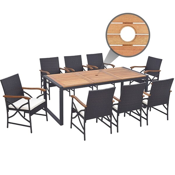 Costway 9 Pieces Patio Rattan Dining Set with Acacia Wood Table，1.9