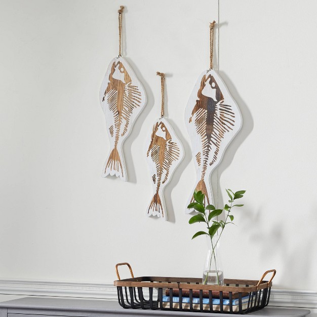 Set Of 3 Wood Fish Wall Decors With Hanging Rope White Olivia amp May