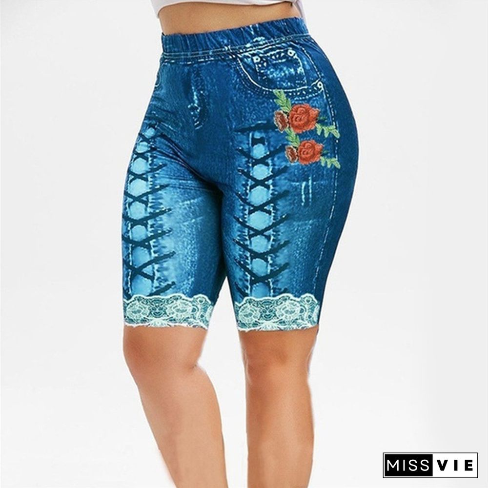 Women's Fashion Plus Size 3D Floral Print Capri Jeggings Denim Leggings Pants