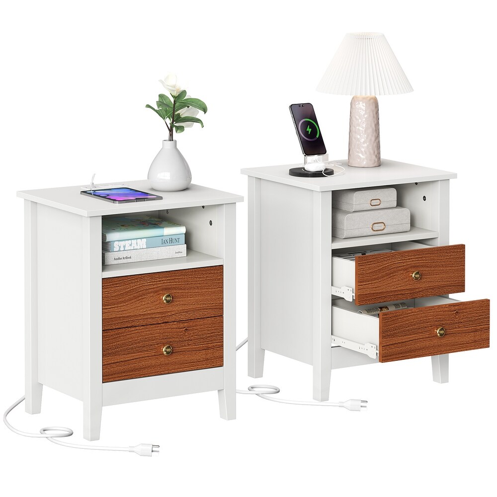 Moasis Set of 2 Nightstand with 2 Drawer and Power Outlets and USB Ports