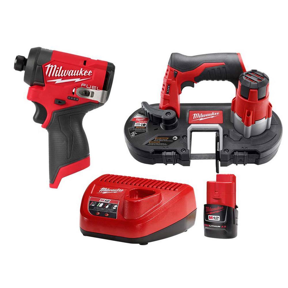 MW M12 FUEL 12-Volt Lithium-Ion Brushless Cordless 14 in. Hex Impact DriverBandsaw Combo Kit wOne 2.0Ah Battery Charger 3453-20-2429-20-48-59-2420