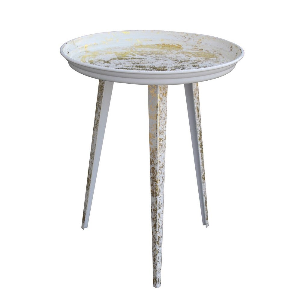 20 Inch Artisanal Industrial Round Tray Top Iron Side End Table， Tripod Base， Distressed White， Gold - 20 H x 16 W x 16 L