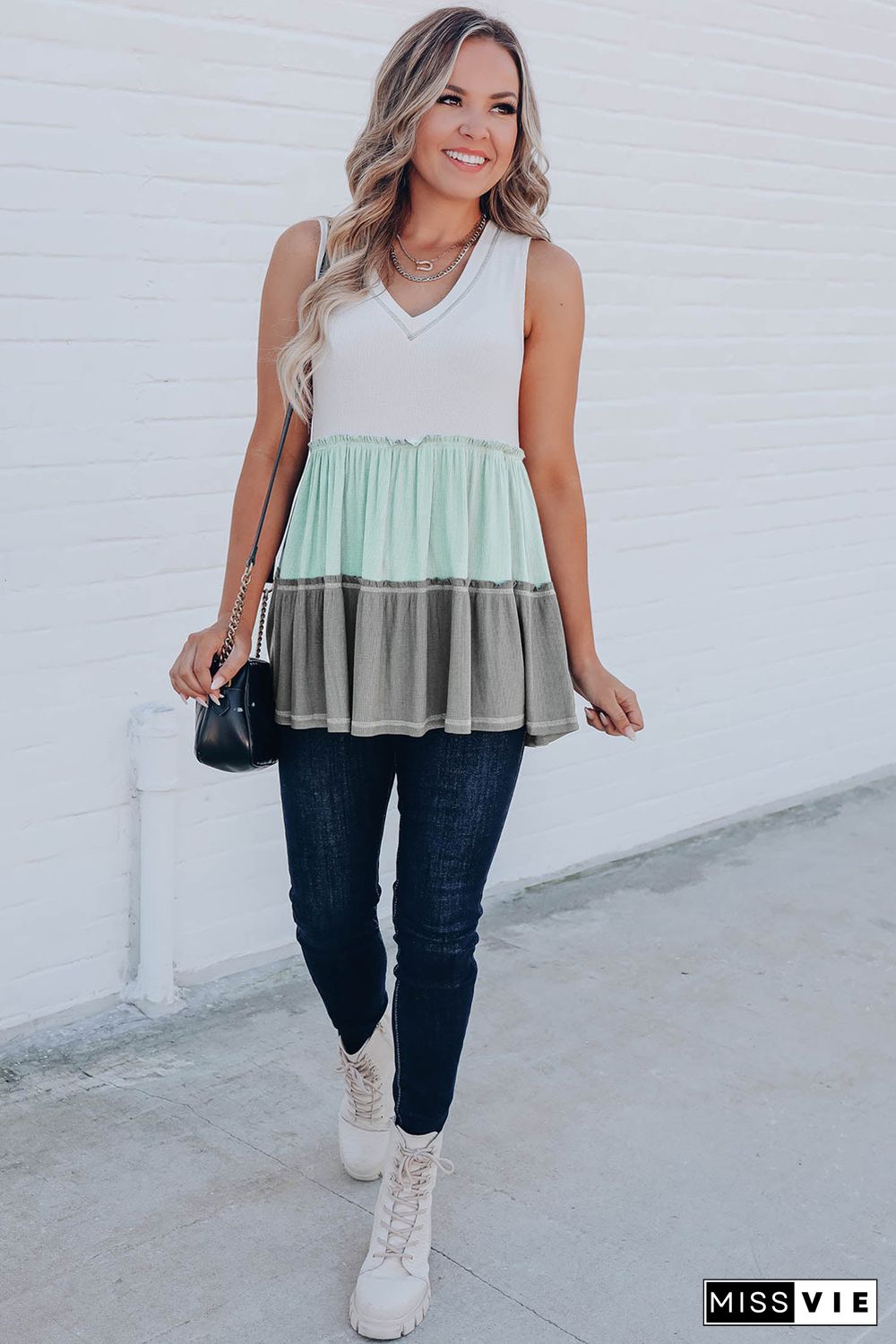 Green Ruffled V Neck Color Block Tank Top