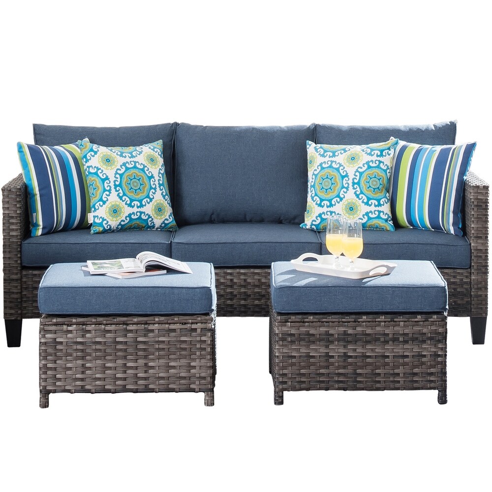 OVIOS 3 piece Outdoor High back Wicker Sectional Ottoman Set