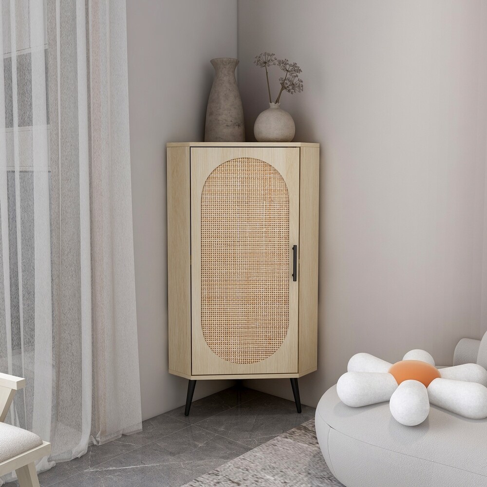 Freestanding Corner Cabinet with Rattan Door   15.75\