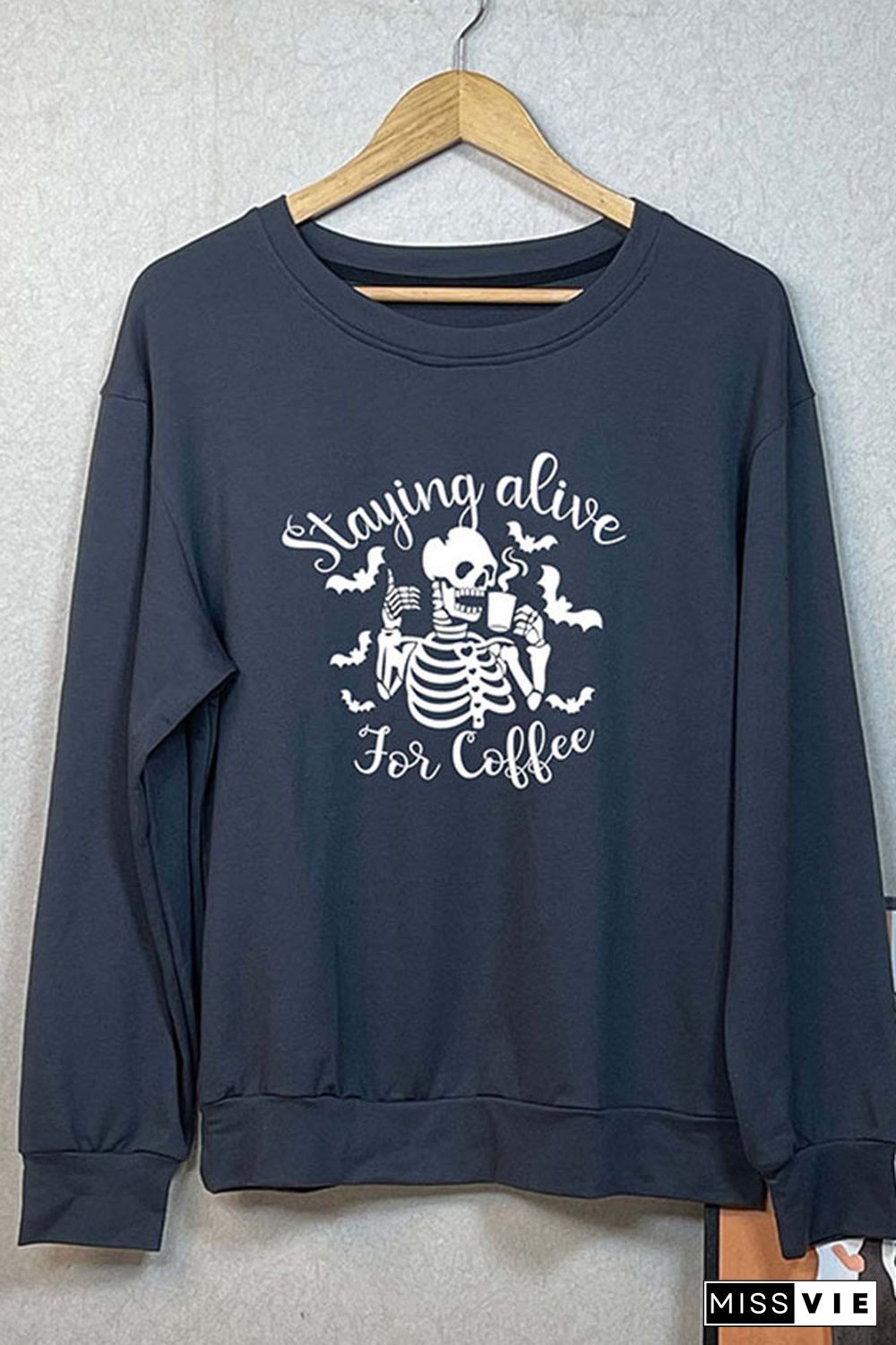 Staying Alive For Coffee Halloween Print O-neck Long Sleeve Sweatshirts Women Wholesale