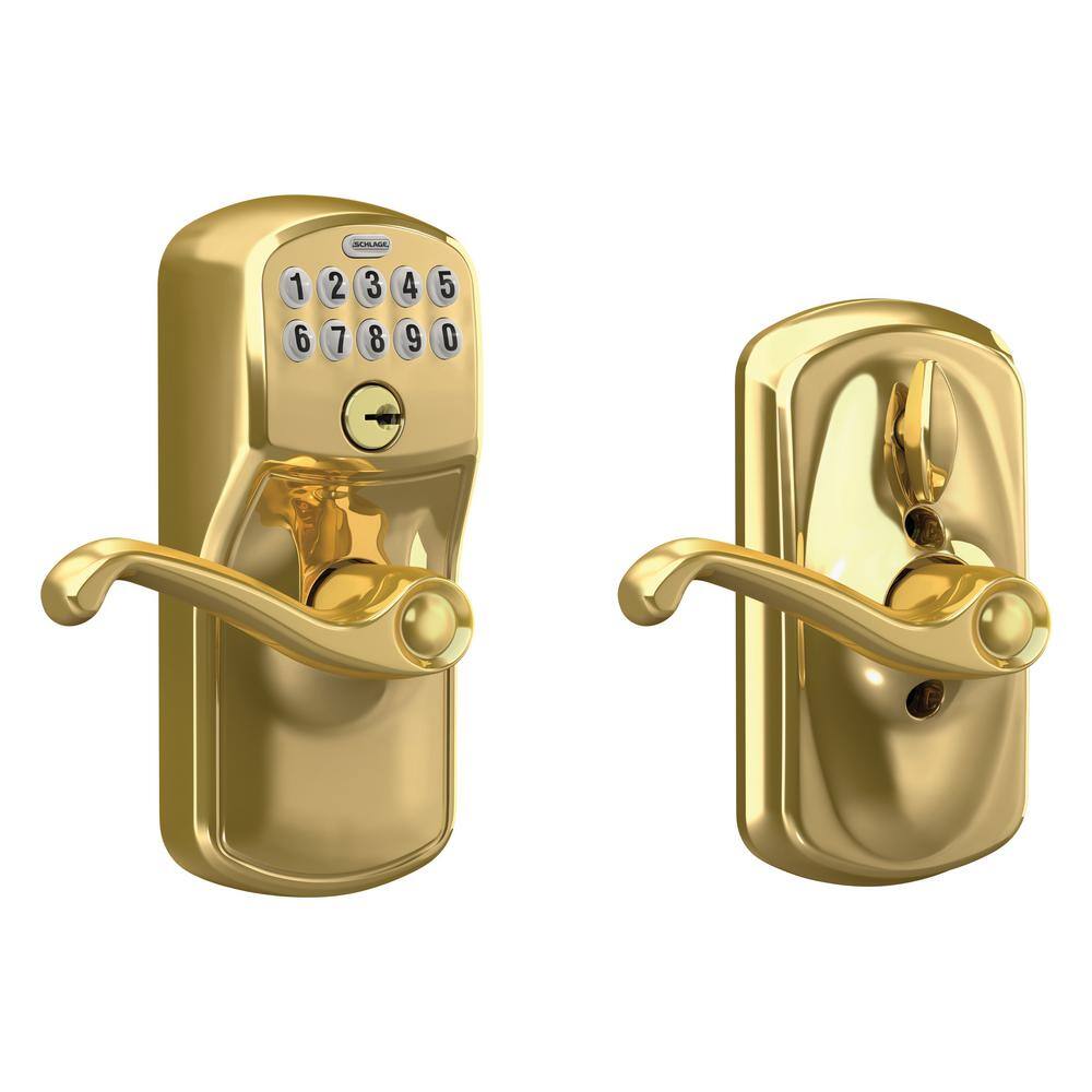 Schlage Plymouth Bright Brass Electronic Keypad Door Lock with Flair Handle and Flex Lock FE595 V PLY 505 FLA 605