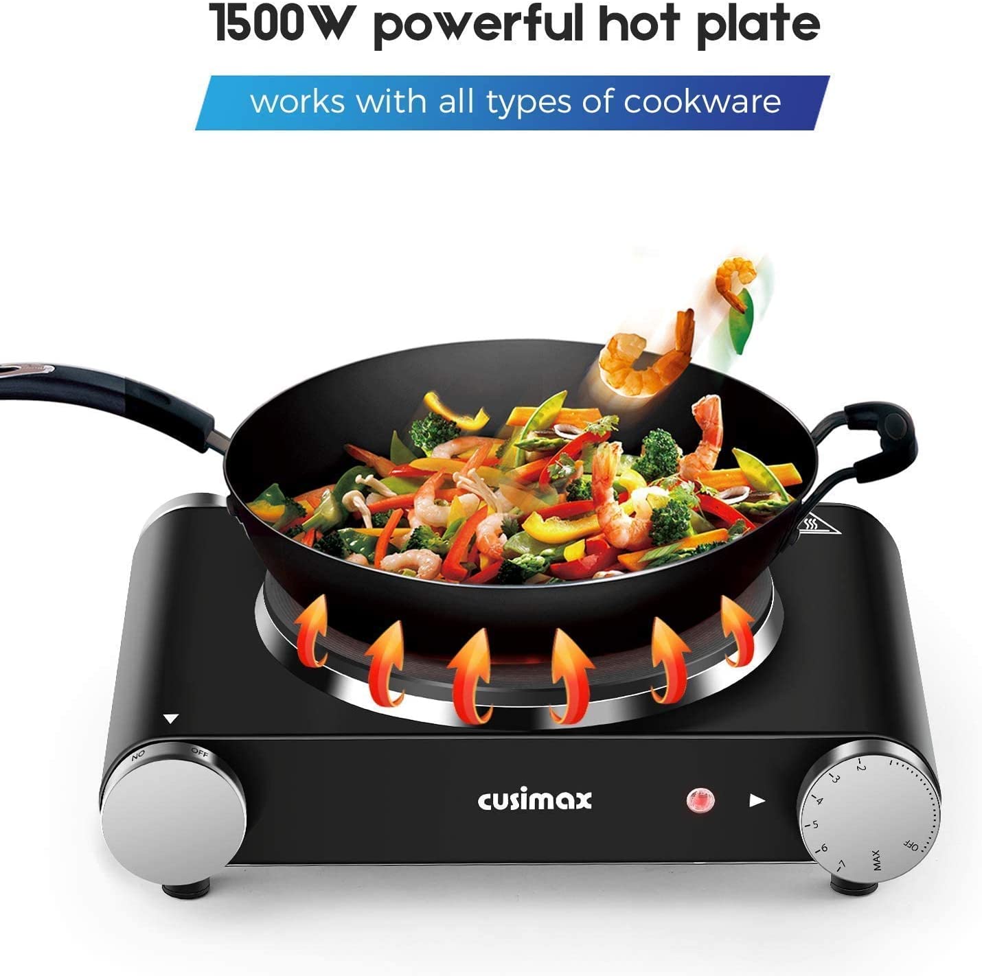 Cusimax Hot Plate Electric Burner， Single Burner Cast Iron hot plates， Portable Burner 1500W Steel Non-Slip Rubber Feet， Upgraded Version