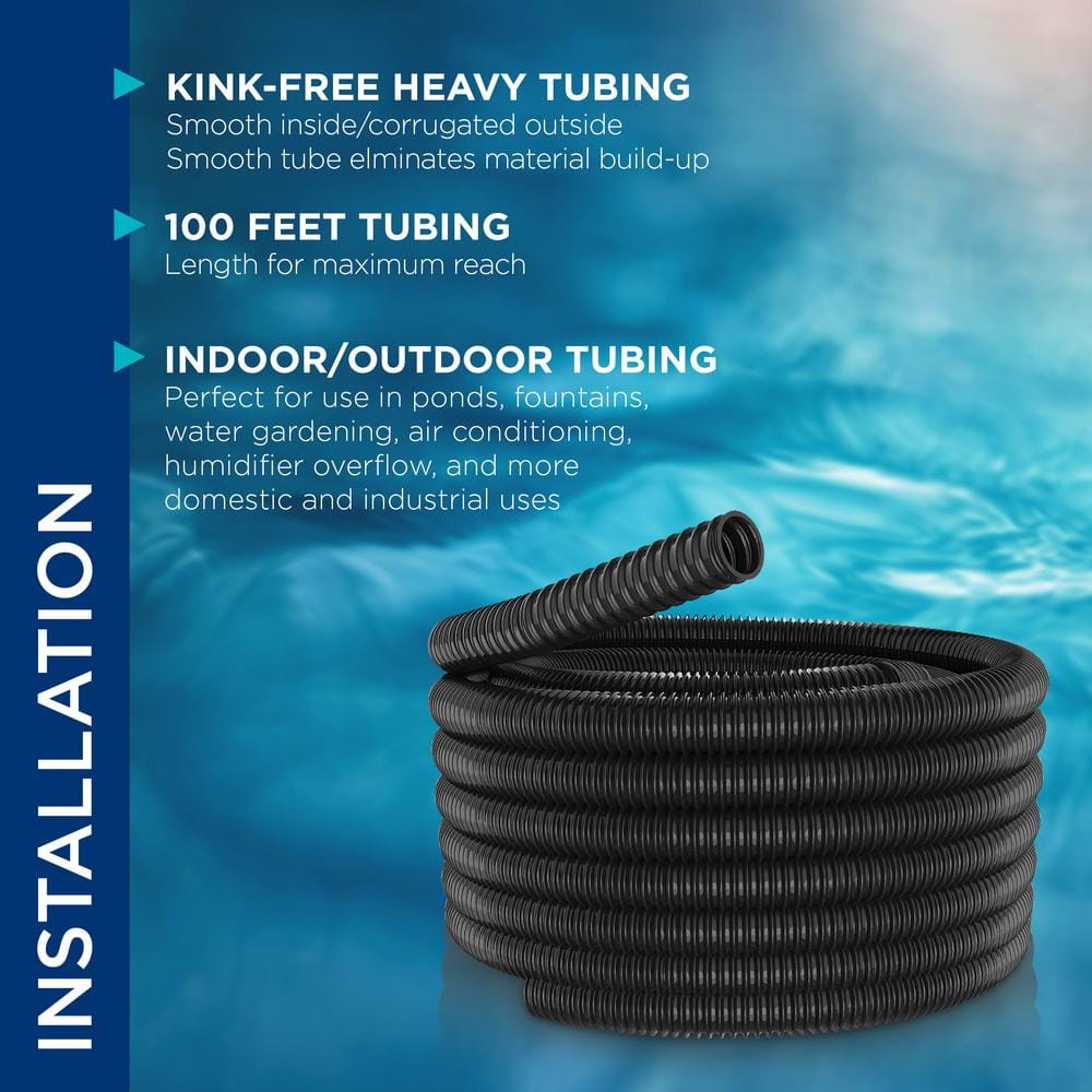 Alpine Corporation 1-1/2 in. I.D. x 100 ft. Multi-Use Pond Black Kink Free, Corrugated, Non-Kink Flexible PVC Tubing KFH112