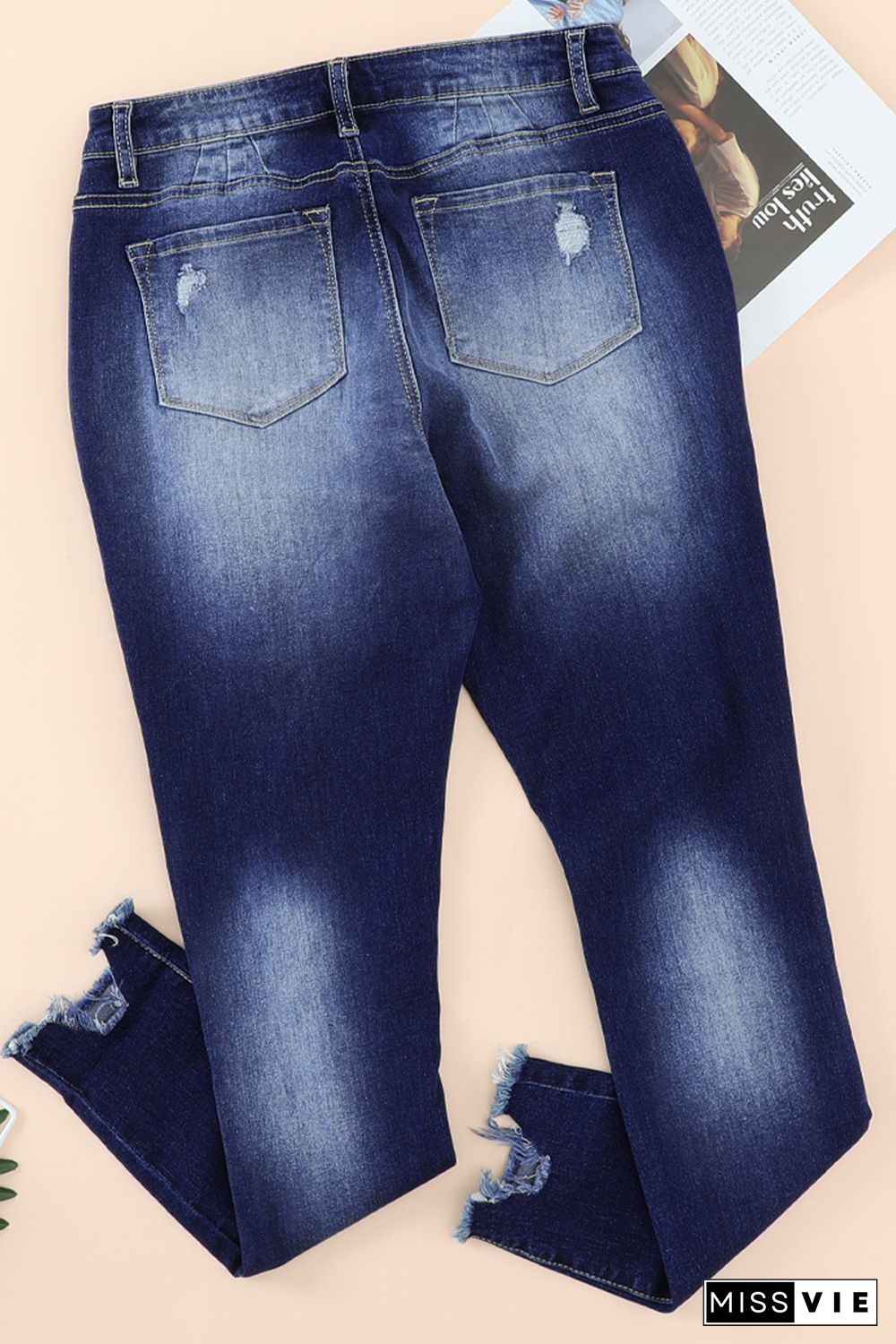 Blue High Rise Button Front Frayed Ankle Skinny Jeans