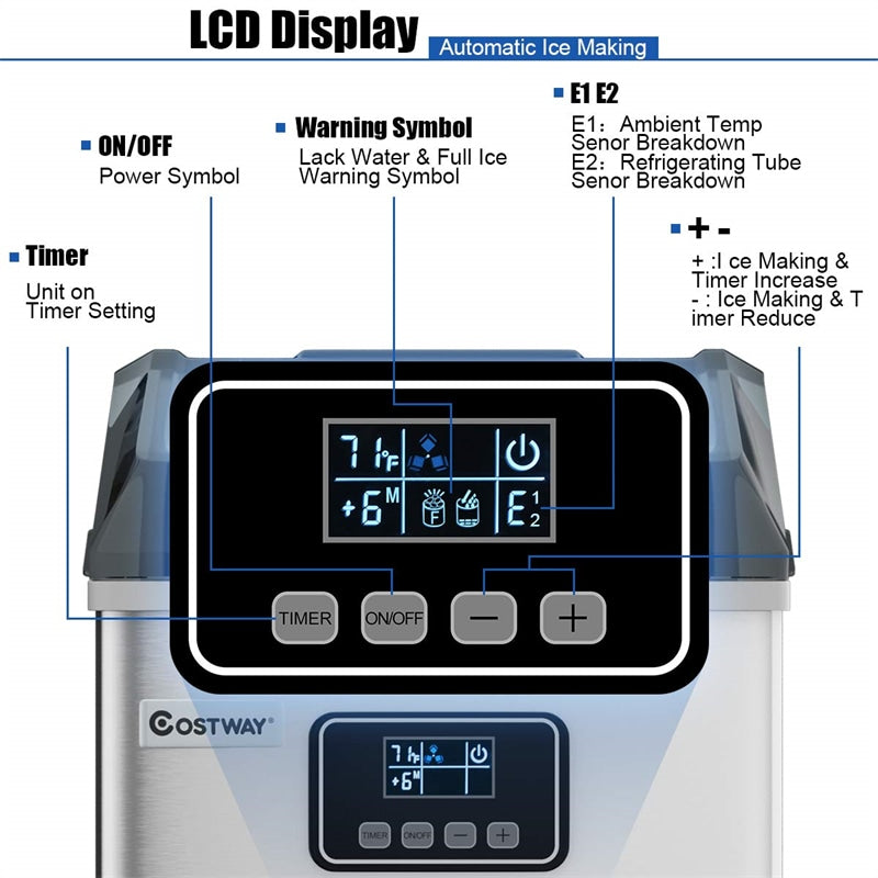 48LBS/24H Stainless Steel Countertop Ice Maker Machine with Self-Clean Function LCD Display Ice Scoop Basket