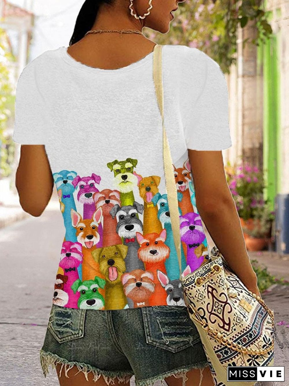 Women's Funny Puppys Print V-Neck T-Shirt