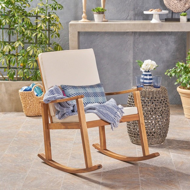 Candel Acacia Wood Rocking Patio Chair Teak Cream Christopher Knight Home