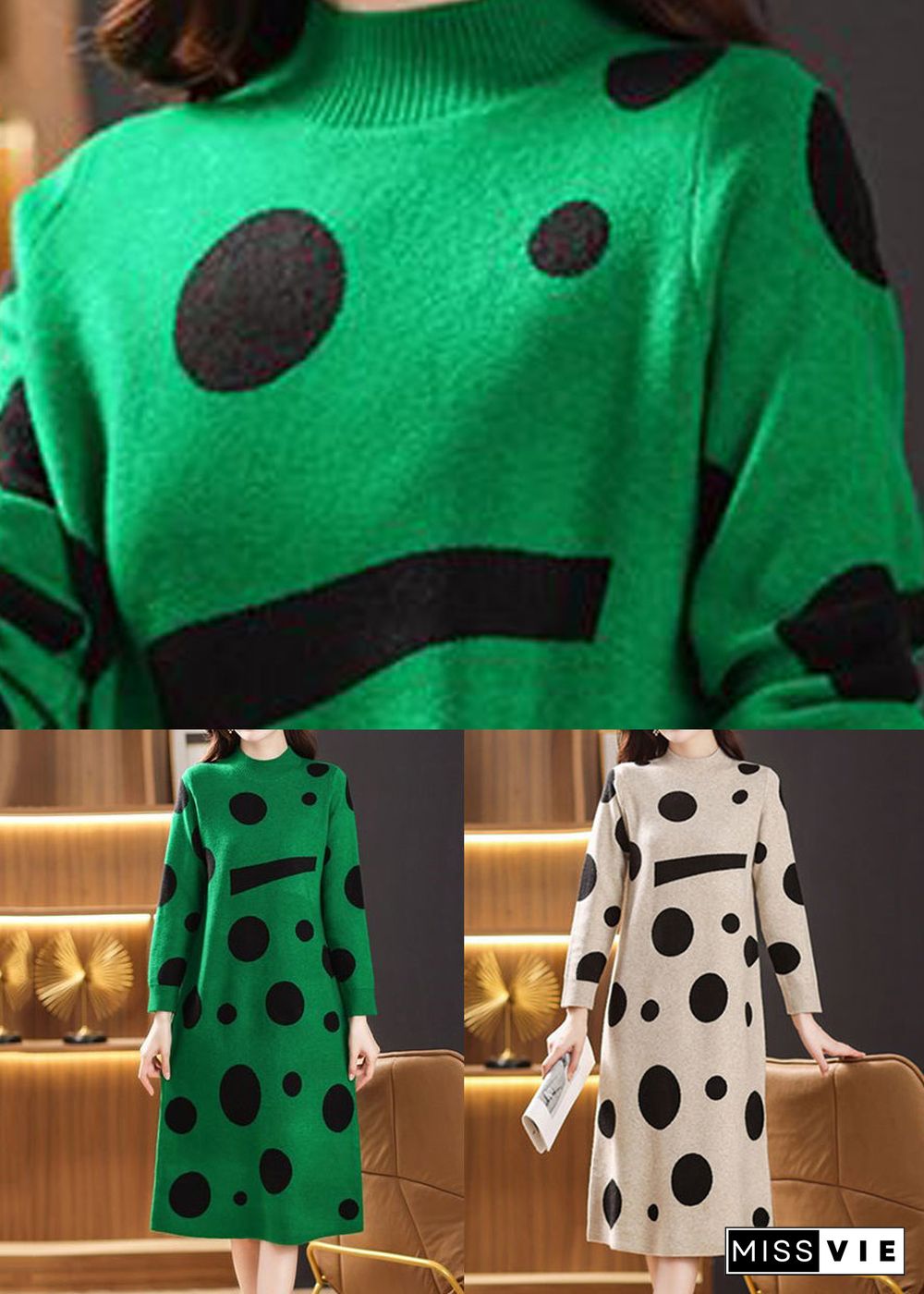 Green Dot Print Patchwork Knit Sweater Dress Turtleneck Long Sleeve