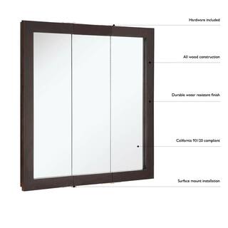 Design House Ventura 30 in. W x 30 in. H x 6 in. D Framed Tri-View Surface-Mount Bathroom Medicine Cabinet in Espresso 541342-ESP