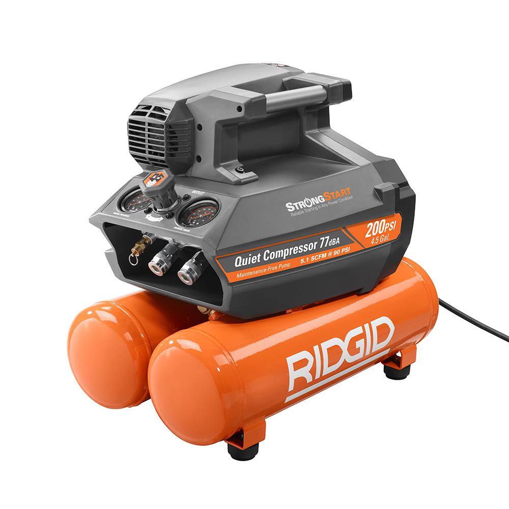 RIDGID 4.5 Gal. Portable Electric Quiet Air Compressor with 15 1-34 in. Coil Roofing Nailer OF45200SS-R175RNF