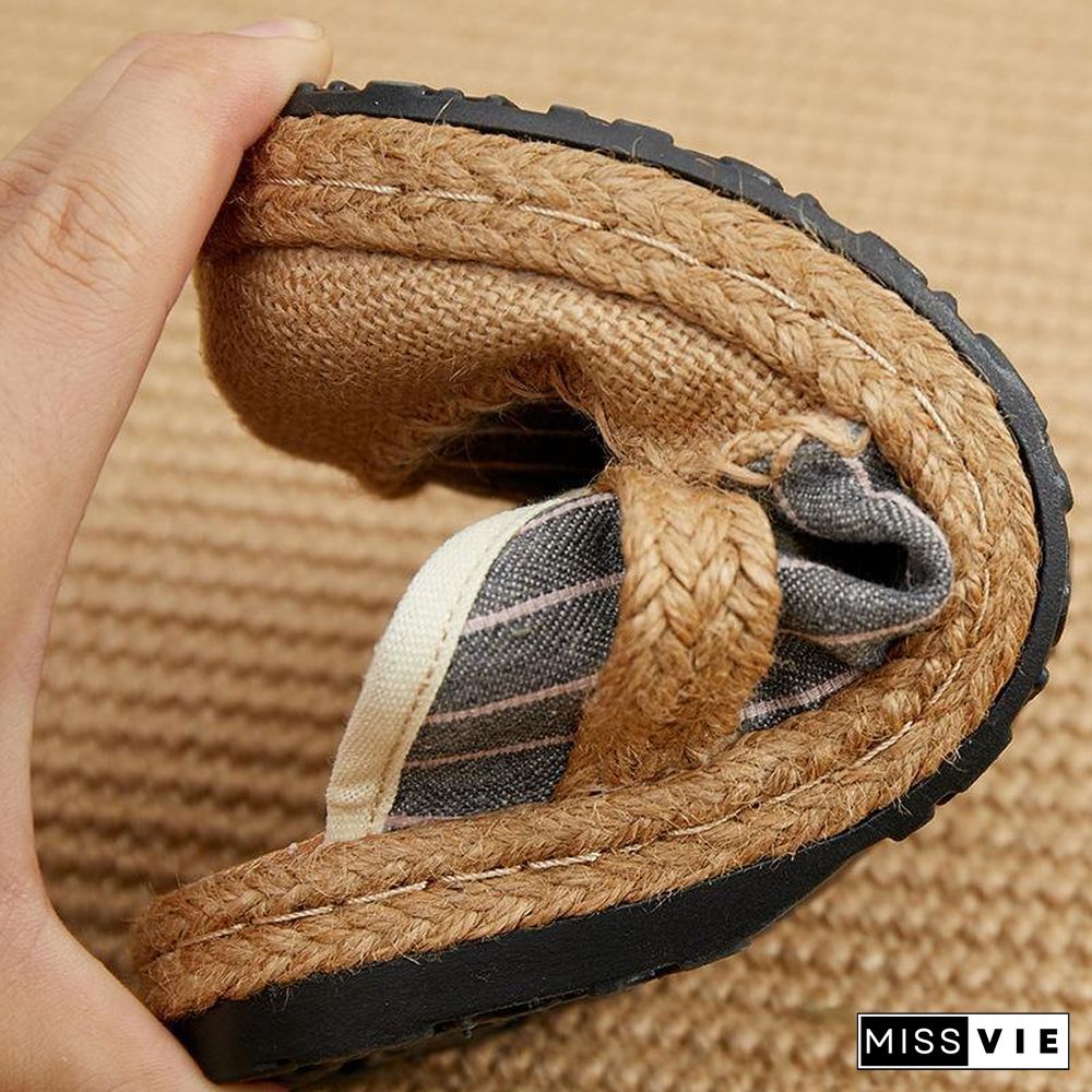 Fitted Slippers Shoes Beige Striped Cotton Linen Fabric