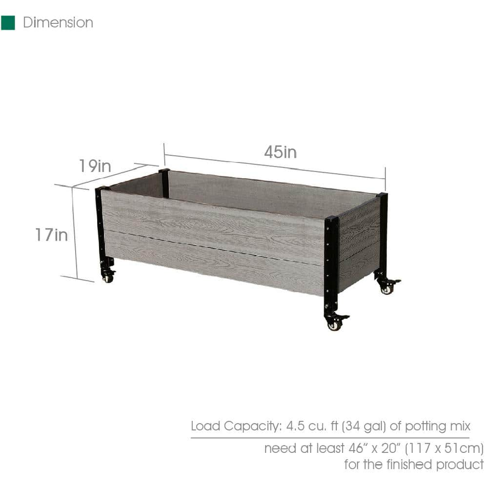 EverBloom 19 in. D x 17 in. H x 45 in. W Grey and Black Composite Board and Steel Mobile Deckside Planter Box Raised Garden Bed K2110G