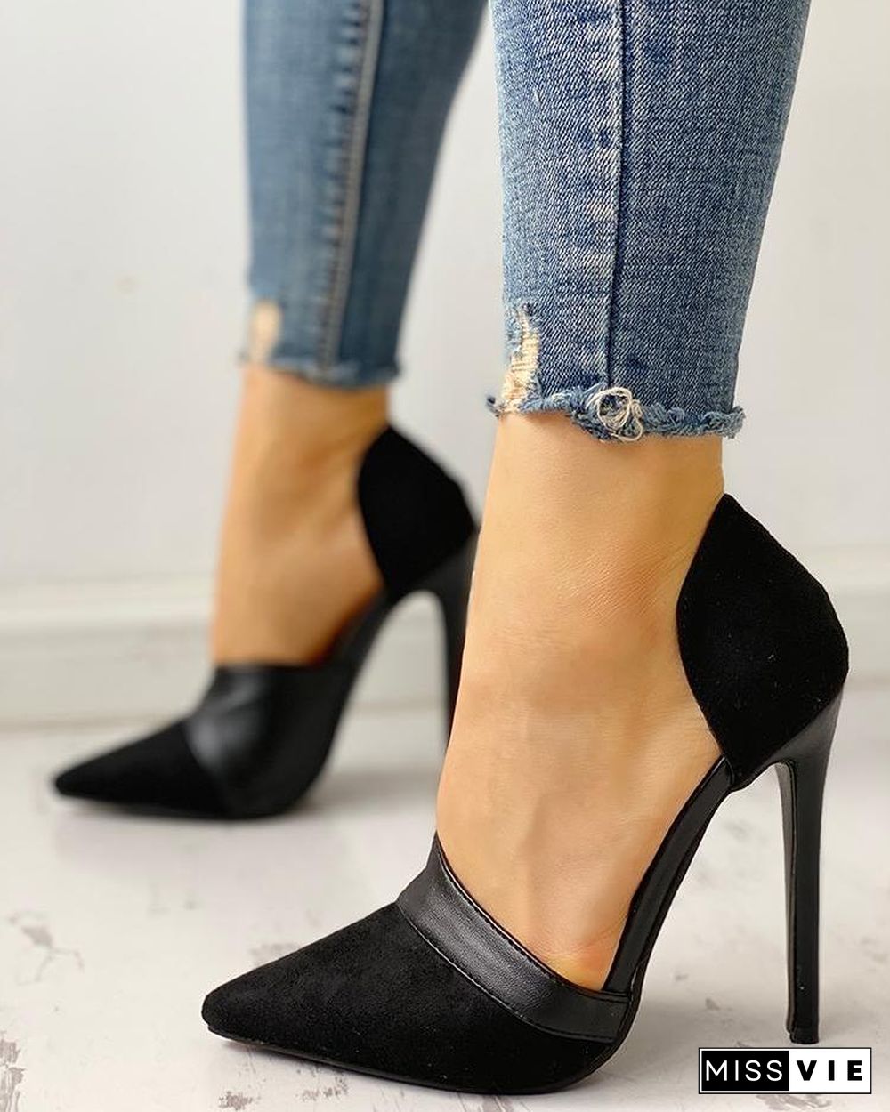 Pointed Toe Suede & PU Heels