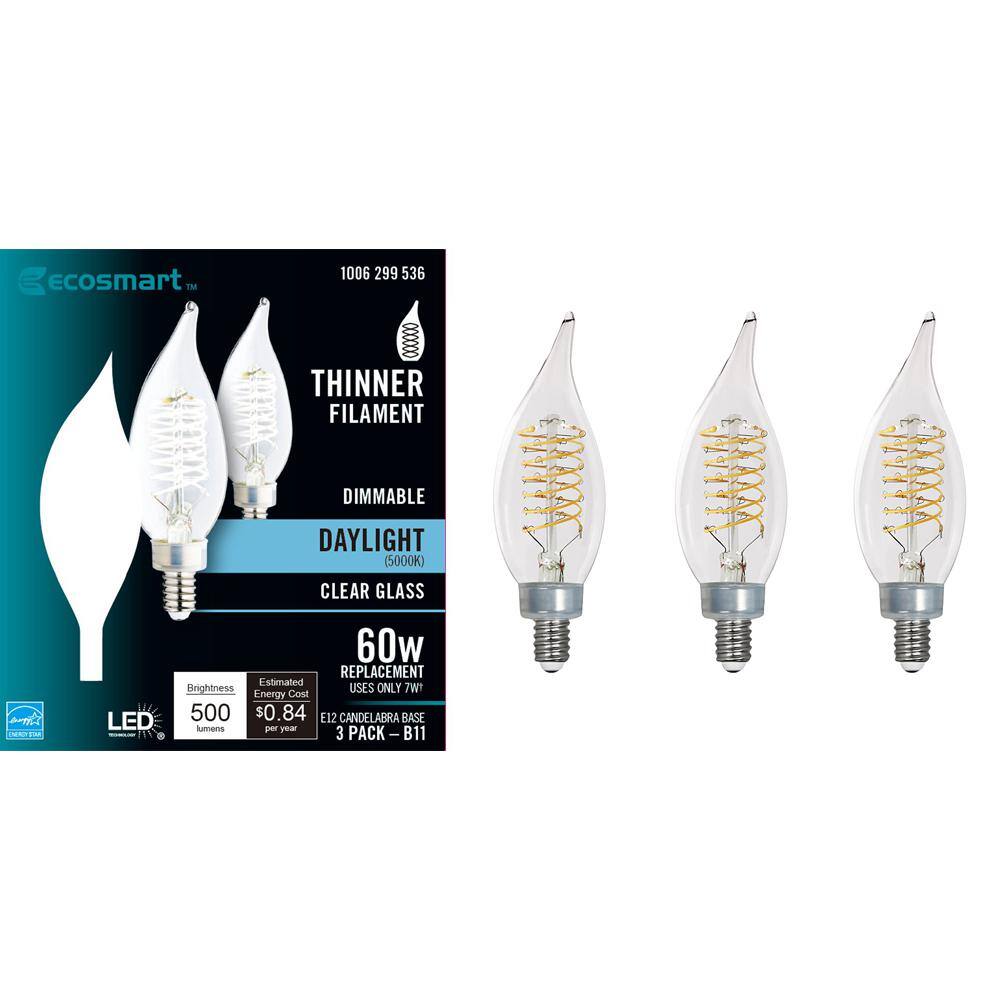 EcoSmart 60-Watt Equivalent BA11 Dimmable E12 Candelabra Fine Bendy Filament LED Vintage Edison Light Bulb Daylight (3-Pack) BA11C7E12850S