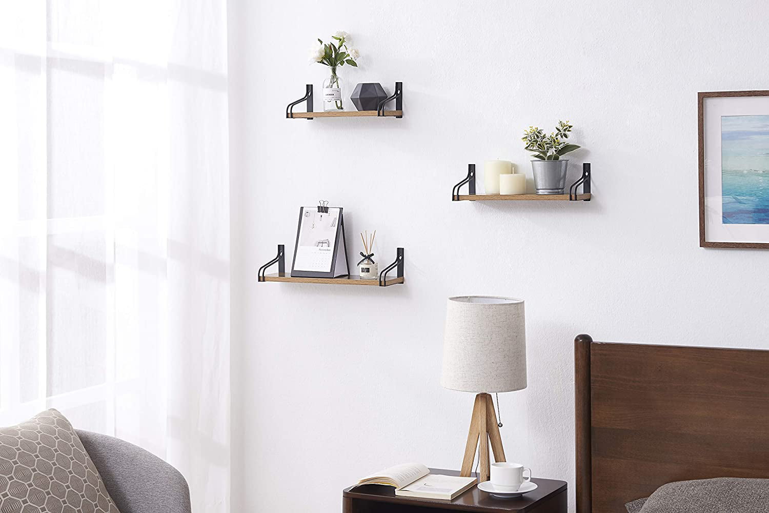 Rustic Wood Floating Shelves Wall Mounted Storage with Metal Brackets Set of 3