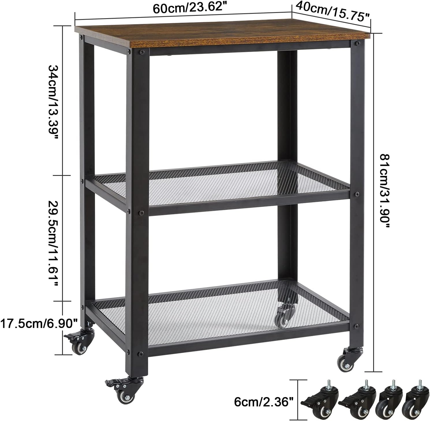 YMYNY Serving Cart， Vintage Kitchen Bar Cart on Wheels， 3-Tier Microwave Heavy Duty Storage Shelves， Baker's Rack with Metal Frame， Extra Counter Space， Easy to Assemble， Rustic Brown， UHTMJ011H