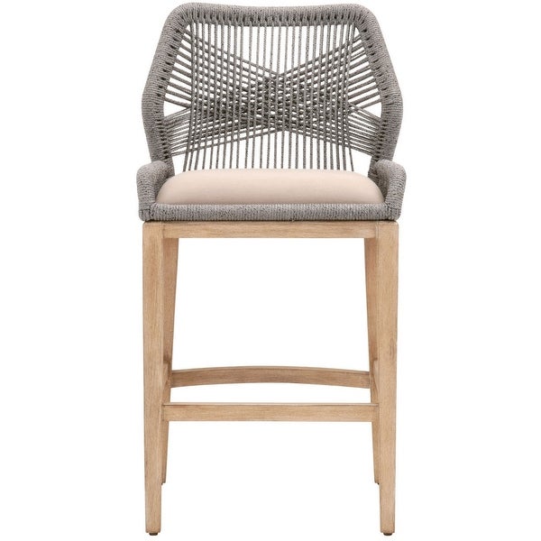 Counter Stool with Wooden Legs and Rope Back， Gray and Brown