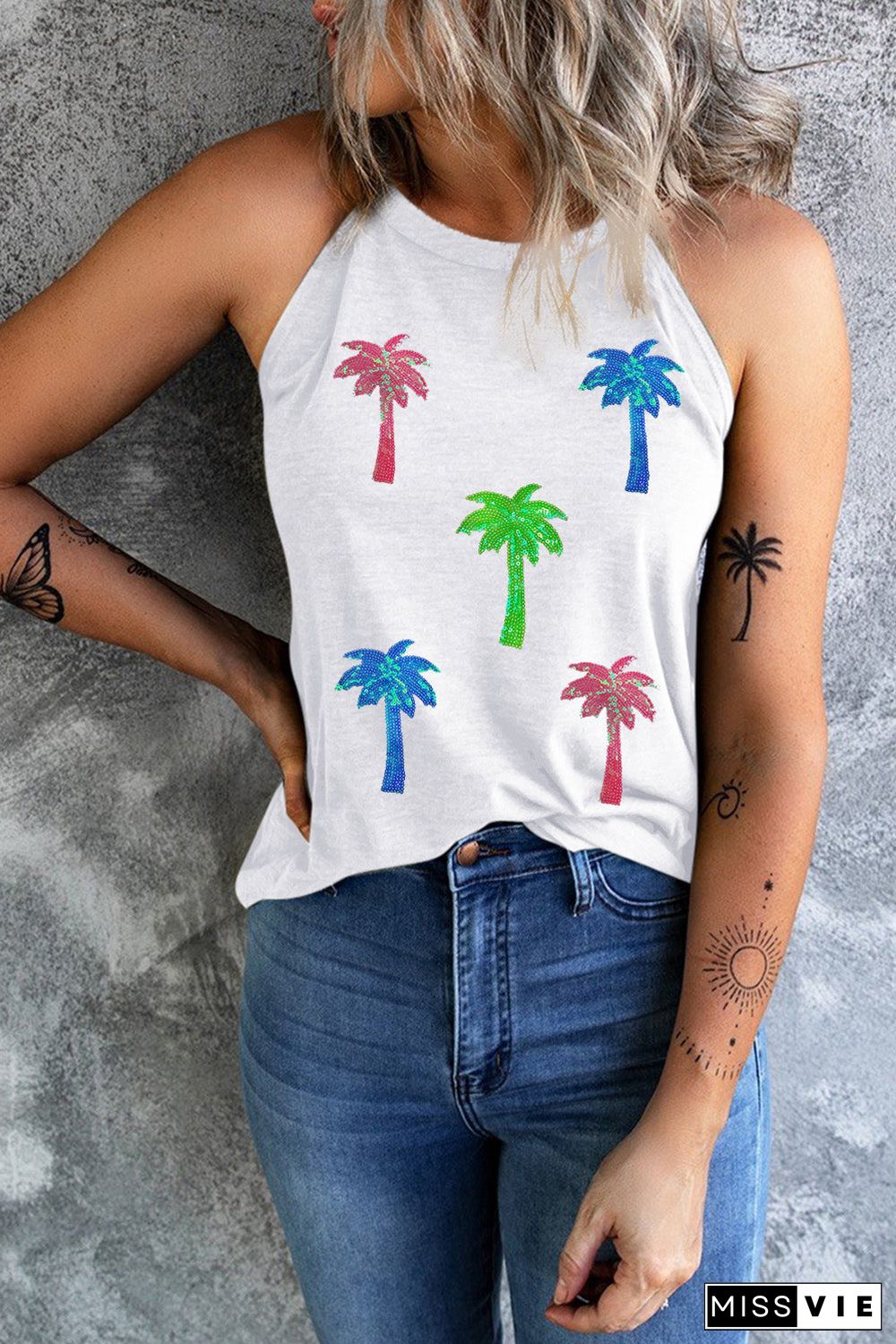 White Sequin Coconut Tree Graphic Tank Top