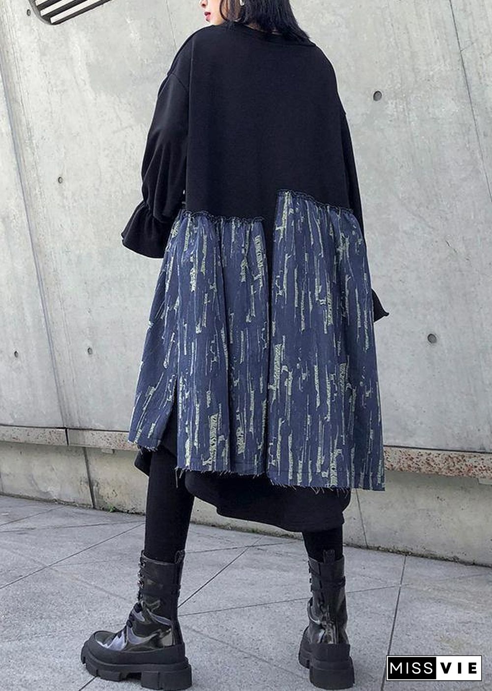 Loose black cotton dresses patchwork thick o neck Maxi Dress