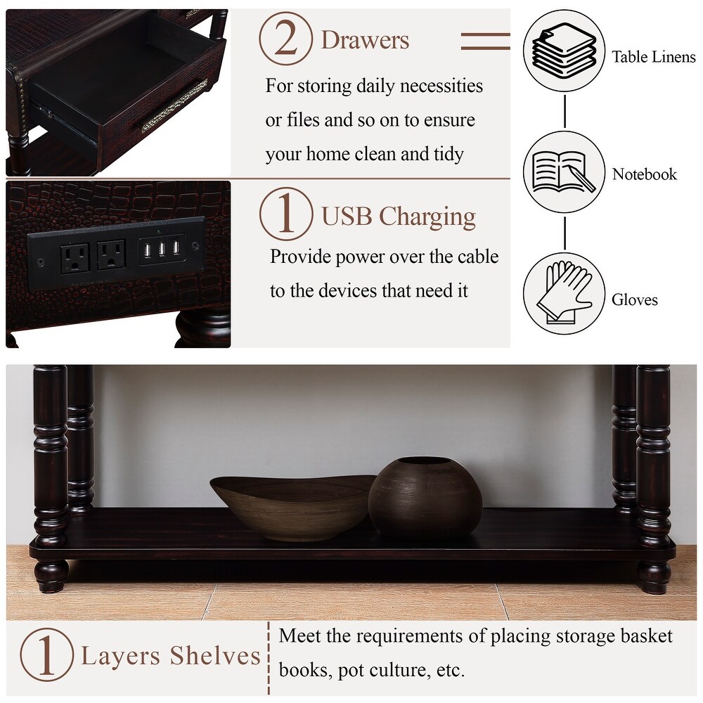 Imitation Crocodile Skin Apperance Sofa Table Wood Console Table with Two Drawers  2 Power Outlets and 2 USB Ports