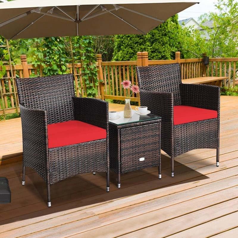 3 Pcs Rattan Patio Conversation Set Wicker Outdoor Furniture Set with Coffee Table & 2 Cushioned Sofa