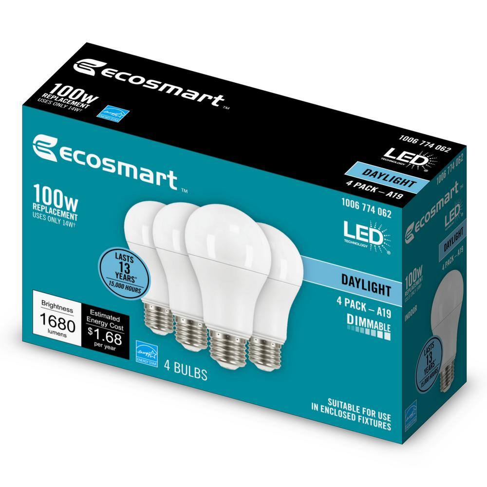 EcoSmart 100-Watt Equivalent A19 Dimmable LED Light Bulb Daylight (4-Pack) 11A19100WESD003