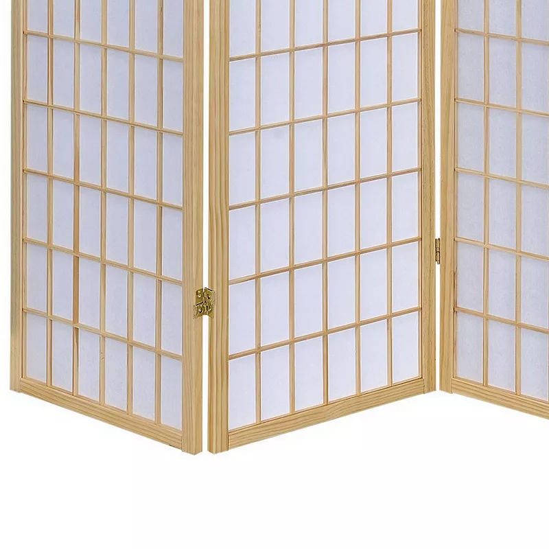 3 Panel Foldable Wooden Frame Room Divider with Grid Design， Brown