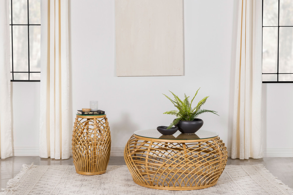 Dahlia Round Glass Top Woven Rattan Coffee Table Natural Brown   Modern   Coffee Tables   by Modon  Houzz